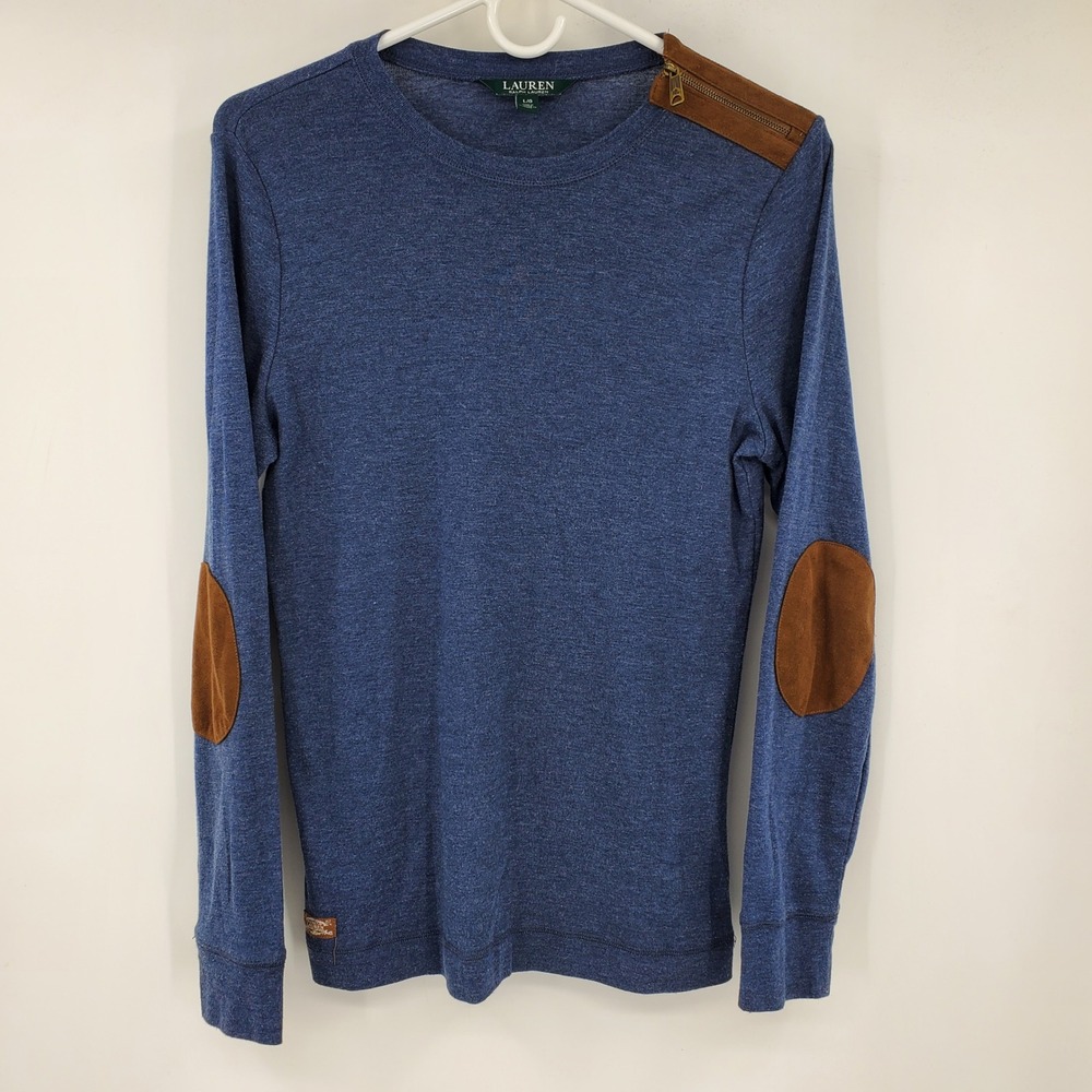 Lauren Ralph Lauren Blue Long Sleeve Top Suede Elbow Patches Shoulder Zip Large